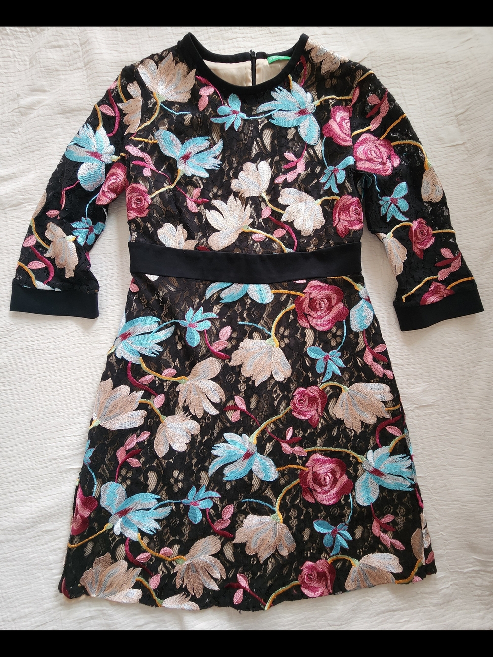 Benetton Black Lace Floral Embroidered Mini Dress S